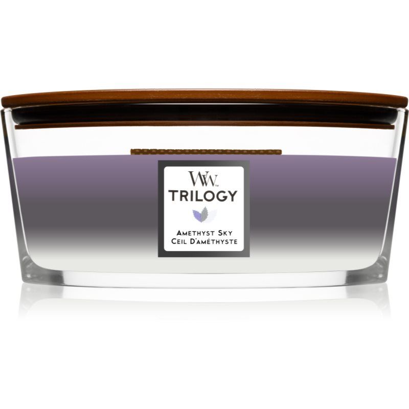 Woodwick Trilogy Amethyst Sky tuoksukynttilä sisältää puusydämen (hearthwick) 453,6 g