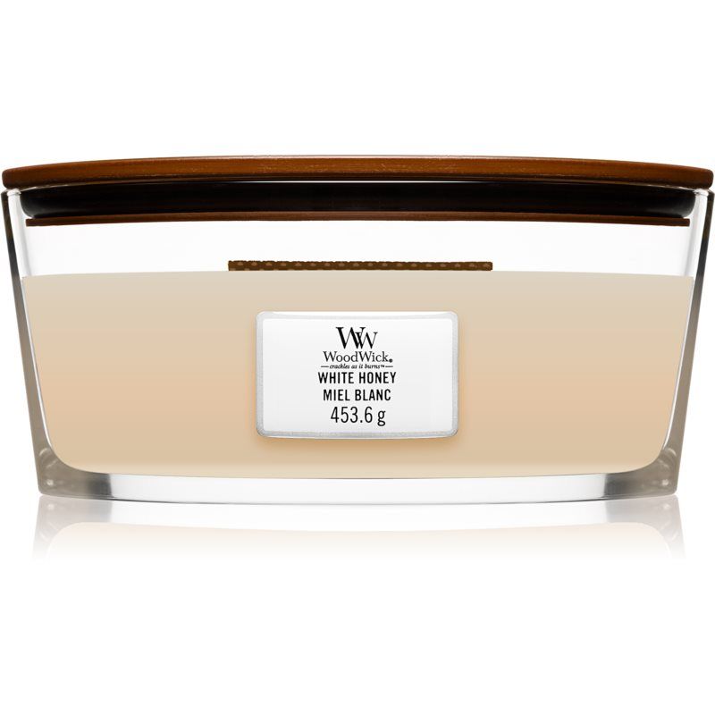 Woodwick White Honey tuoksukynttilä sisältää puusydämen (hearthwick) 453 g