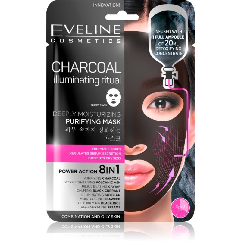 Eveline Cosmetics Charcoal Illuminating Ritual erittäin kosteuttava ja puhdistava kangasnaamio 1 kpl