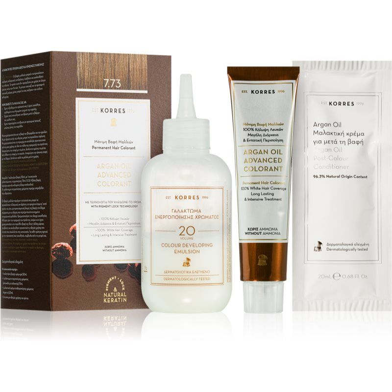 Korres Argan Oil kestohiusväri sisältää arganöljyä sävy 7.73 Golden Mocha 50 ml