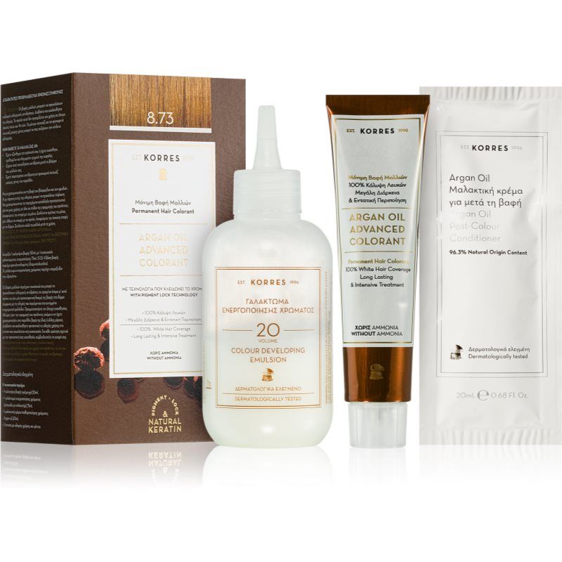 Korres Argan Oil kestohiusväri sisältää arganöljyä sävy 8.73 Golden Caramel 50 ml