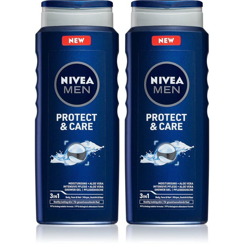 NIVEA MEN Protect & Care suihkugeeli kasvoille, vartalolle ja hiuksille edullinen pakkaus 2 x 500 ml