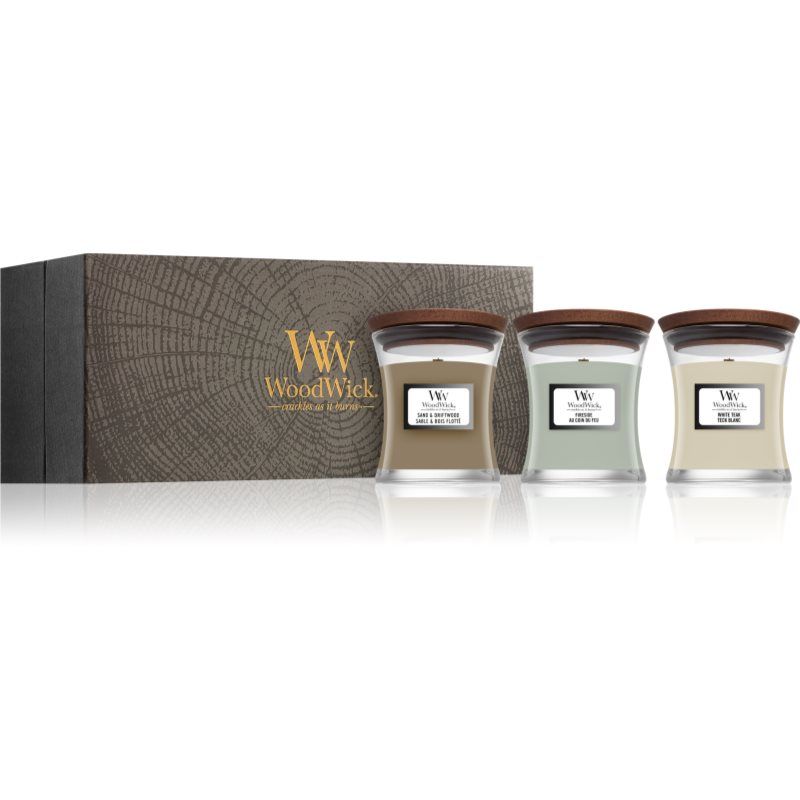 Woodwick Fireside + White Teak + Sand & Driftwood lahjasetti 3x85 g